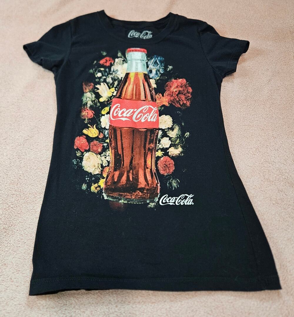Coca-Cola Women's Black T-Shirt with Floral Bottle Graphic Size Small